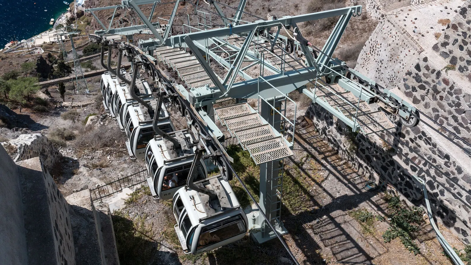 Cabins at the top station of the Fira cable car, the meeting point for cruise passengers