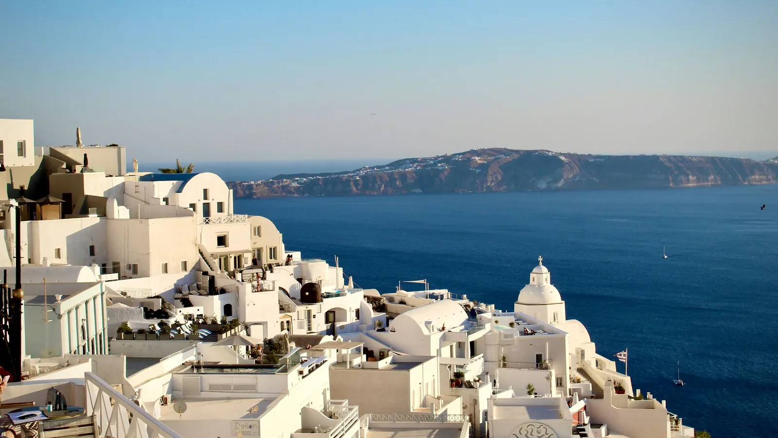 The dome of the Orthodox cathedral in Fira above the caldera