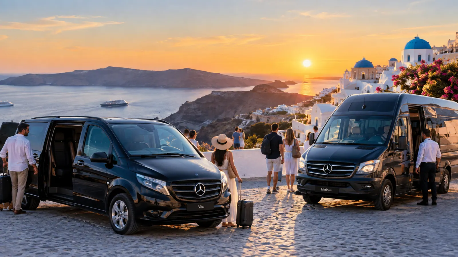 Illustration: a black Mercedes van and a black minibus with passengers and suitcases at a caldera viewpoint in Santorini at sunset