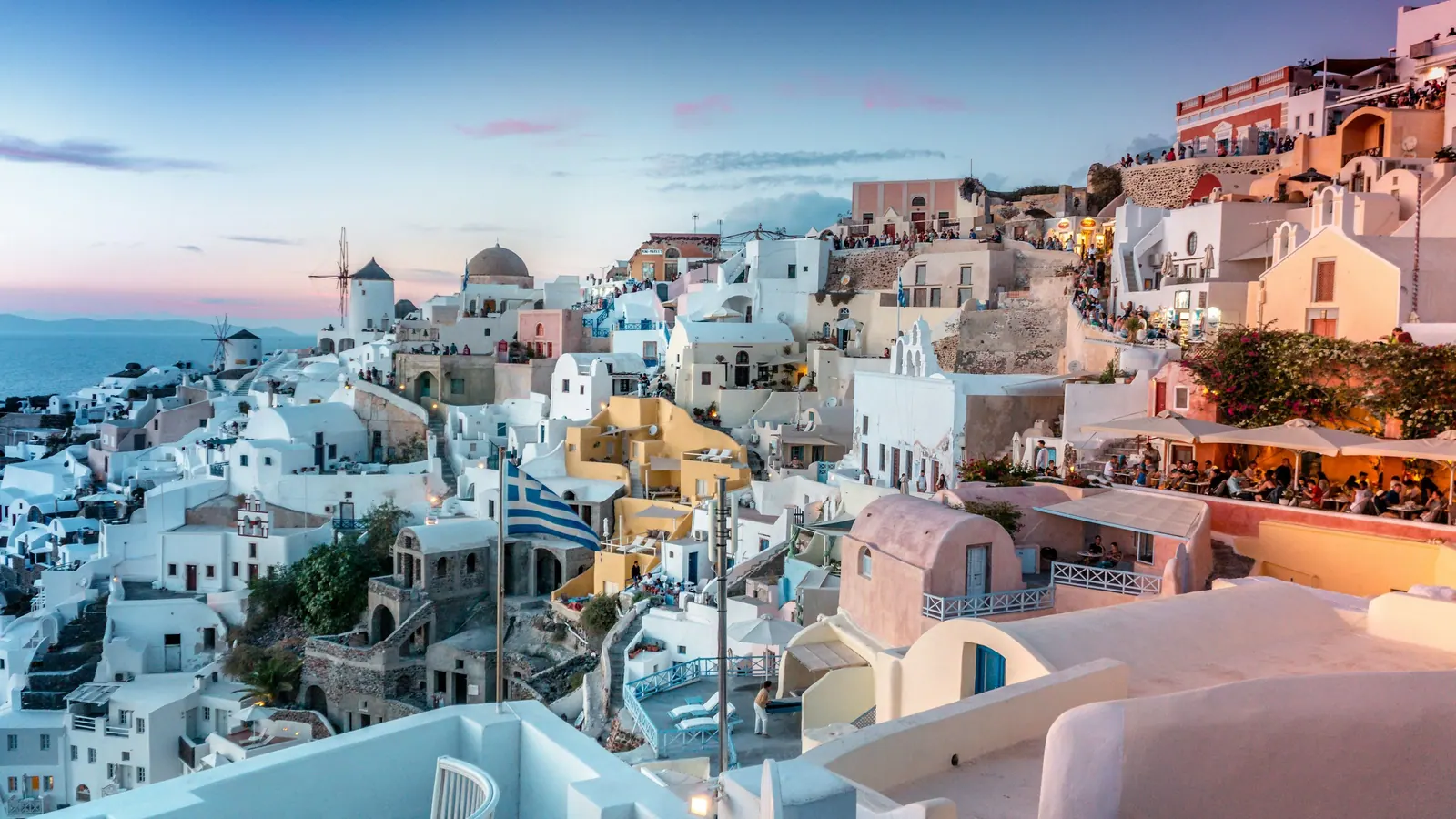 Oia at dusk, seen from the castle ruins